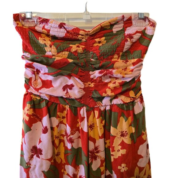 Tropical Floral Strapless Jumpsuit Long Pants Ruched Bodice Red Yellow Summer M - Picture 4 of 11